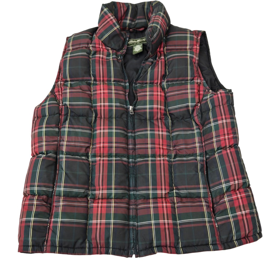 Eddie Bauer Premium Goose Down Puffer Vest Red Plaid Women's Petite Medium